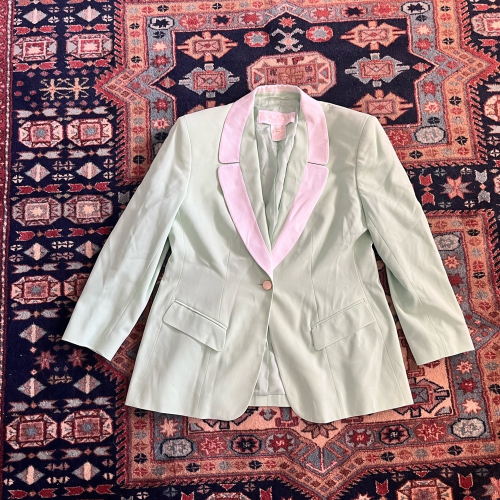 Vintage Escada 80s seafoam green white wool blazer jacket sport coat EU 42 L - Picture 4 of 13